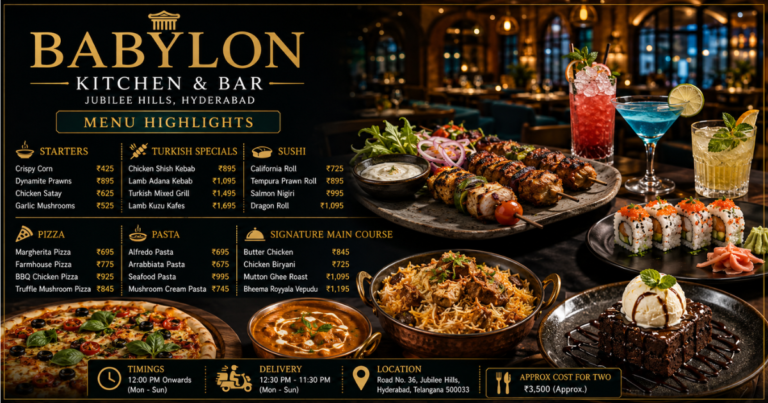 Babylon Kitchen and Bar Hyderabad menu featuring premium dishes, sushi, pizza, kebabs, pasta, desserts, and mocktails on a white background.