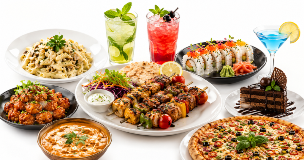 Babylon Kitchen and Bar Hyderabad menu featuring premium dishes, sushi, pizza, kebabs, pasta, desserts, and mocktails on a white background.
