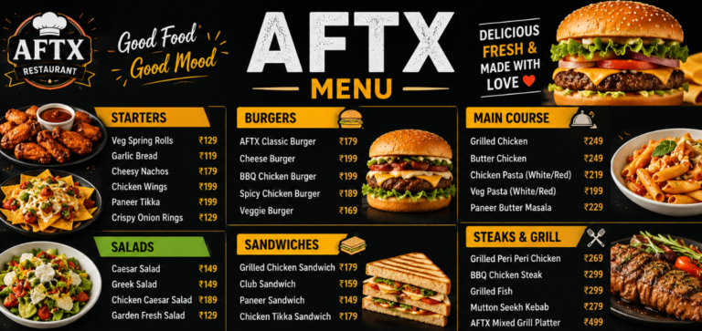 AFTX menu with tasty food items and restaurant dishes.