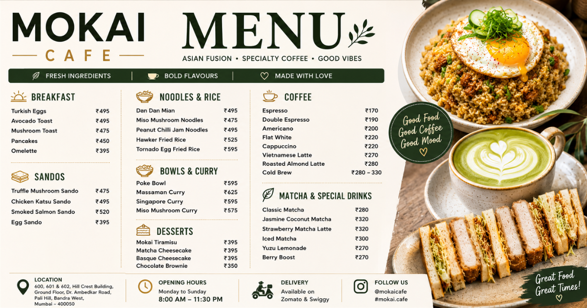 Mokai Cafe menu with prices and popular dishes Mumbai