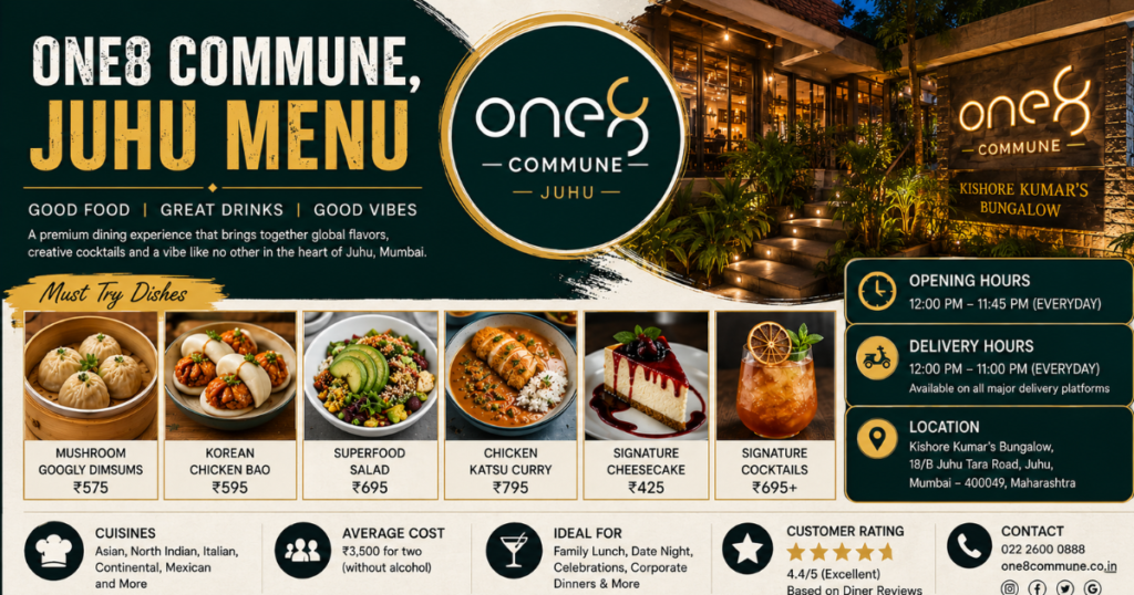 One8 Commune Juhu menu with signature dishes and elegant dining.
