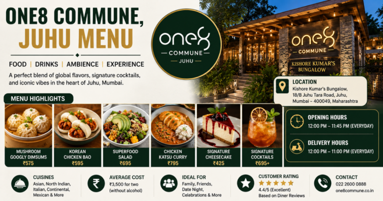 One8 Commune Juhu menu with signature dishes and elegant dining.