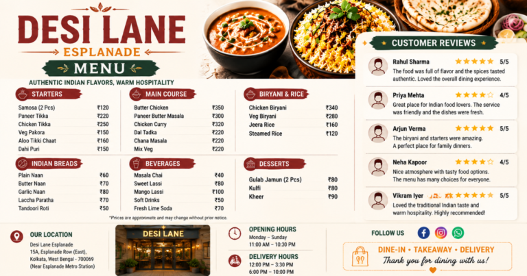 Desi Lane Esplanade Menu With Prices and Timings