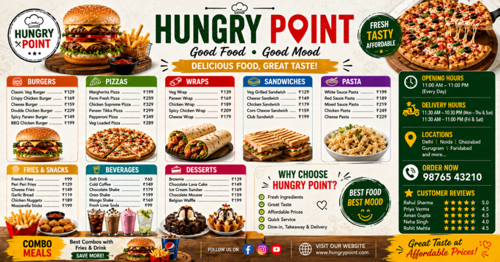 Hungry Point menu with burgers, pizzas, wraps, pasta, sandwiches, drinks, desserts, and updated prices