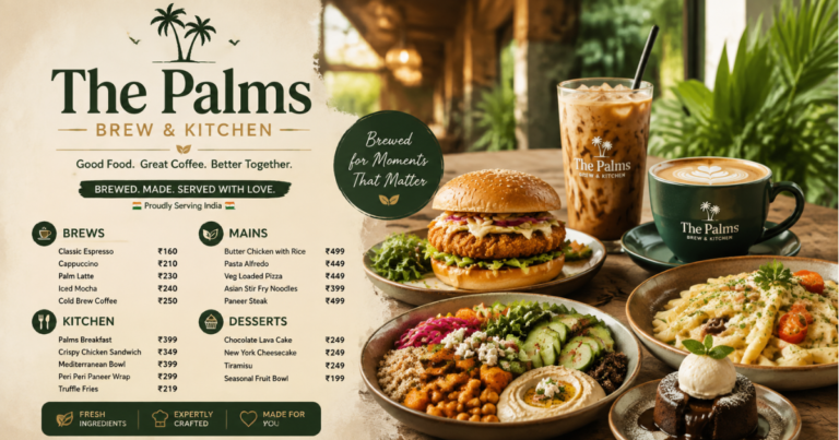 The Palms Brew & Kitchen menu design featuring Indian café food, coffee drinks, burger, pasta, desserts, and a premium restaurant dining atmosphere.