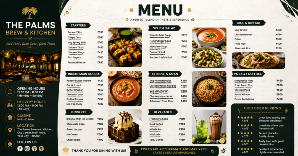 The Palms Brew & Kitchen menu design featuring Indian café food, coffee drinks, burger, pasta, desserts, and a premium restaurant dining atmosphere.