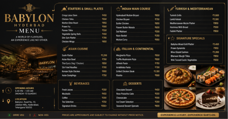 Babylon Hyderabad Menu restaurant food and dining poster