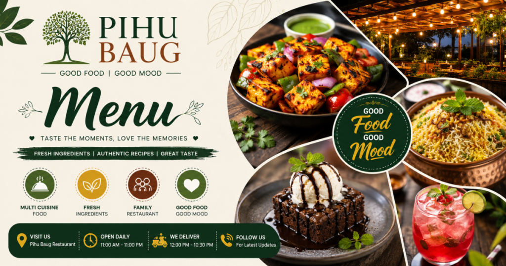 Pihu Baug menu restaurant banner featuring delicious Indian dishes